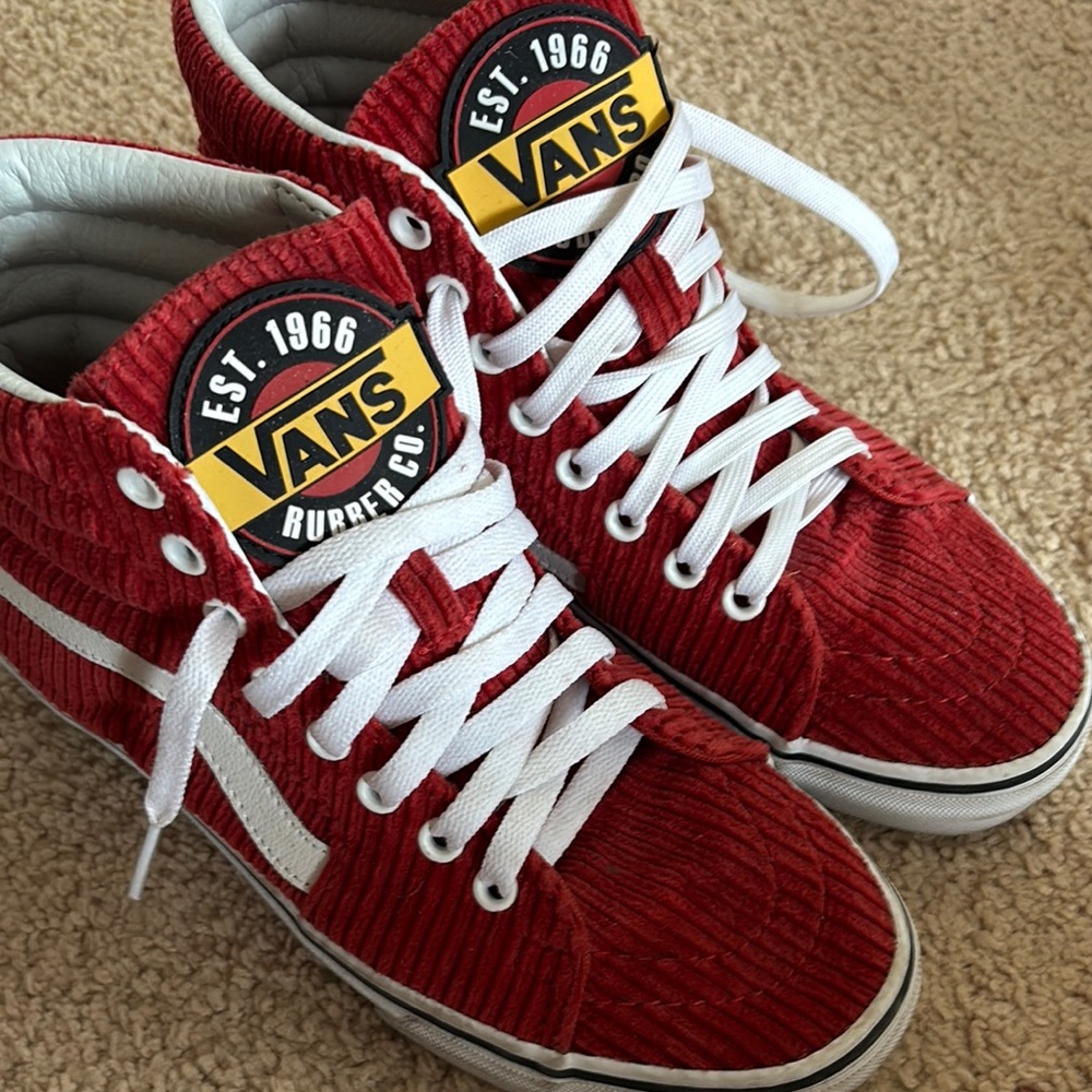 Vans Red and White High-Top Sneakers